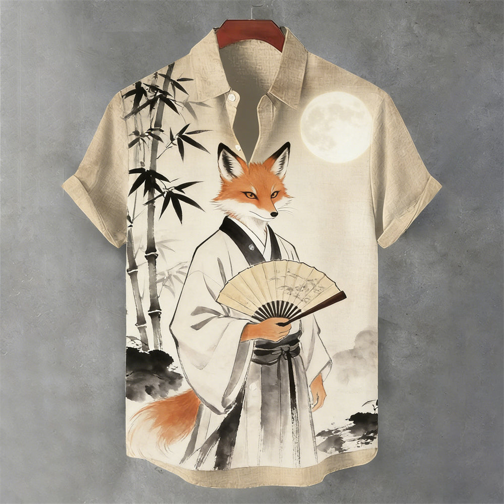 Japanese Fox Pattern Vintage Men's Linen Short Sleeve Shirt
