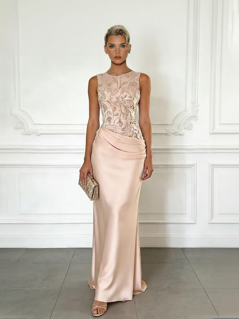 Elegant Light Pink Embroidery Satin Crew Neck Sleeveless Sheath Maxi Dress