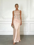 Elegant Light Pink Embroidery Satin Crew Neck Sleeveless Sheath Maxi Dress