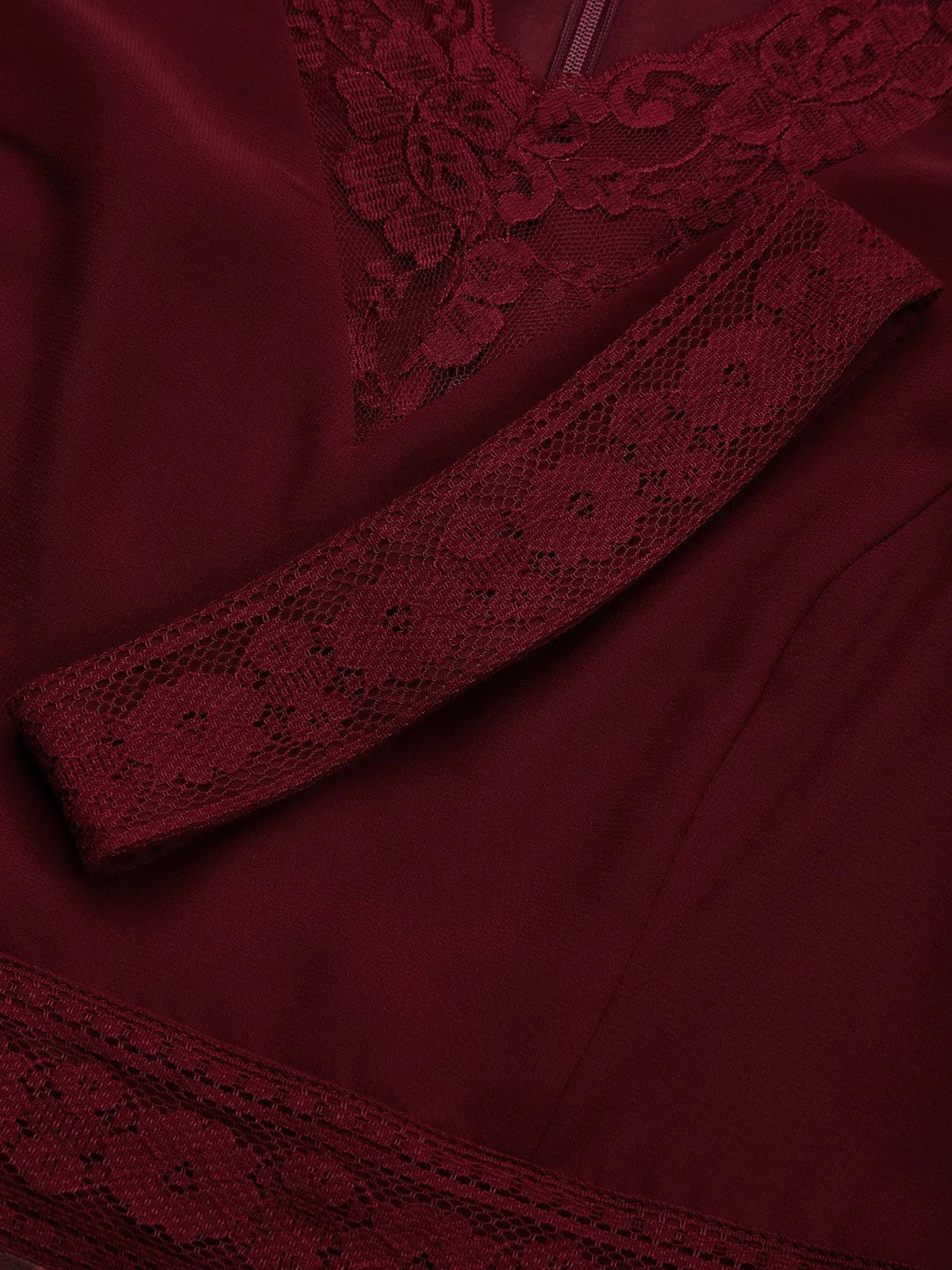 Wine Red Lace Floral Satin V Neck Short Sleeve A-Line Maxi Dress