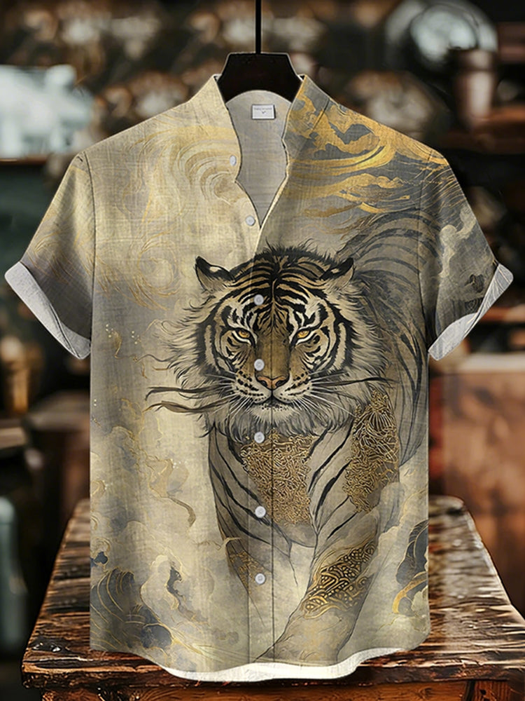 Men's Vintage Tiger Japanese Art Print Short Sleeve Shirt