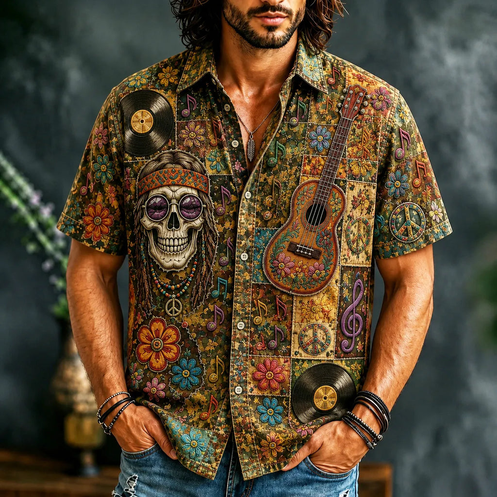 Men's Peace Love Music Hippie Camo Art Print Casual Shirt