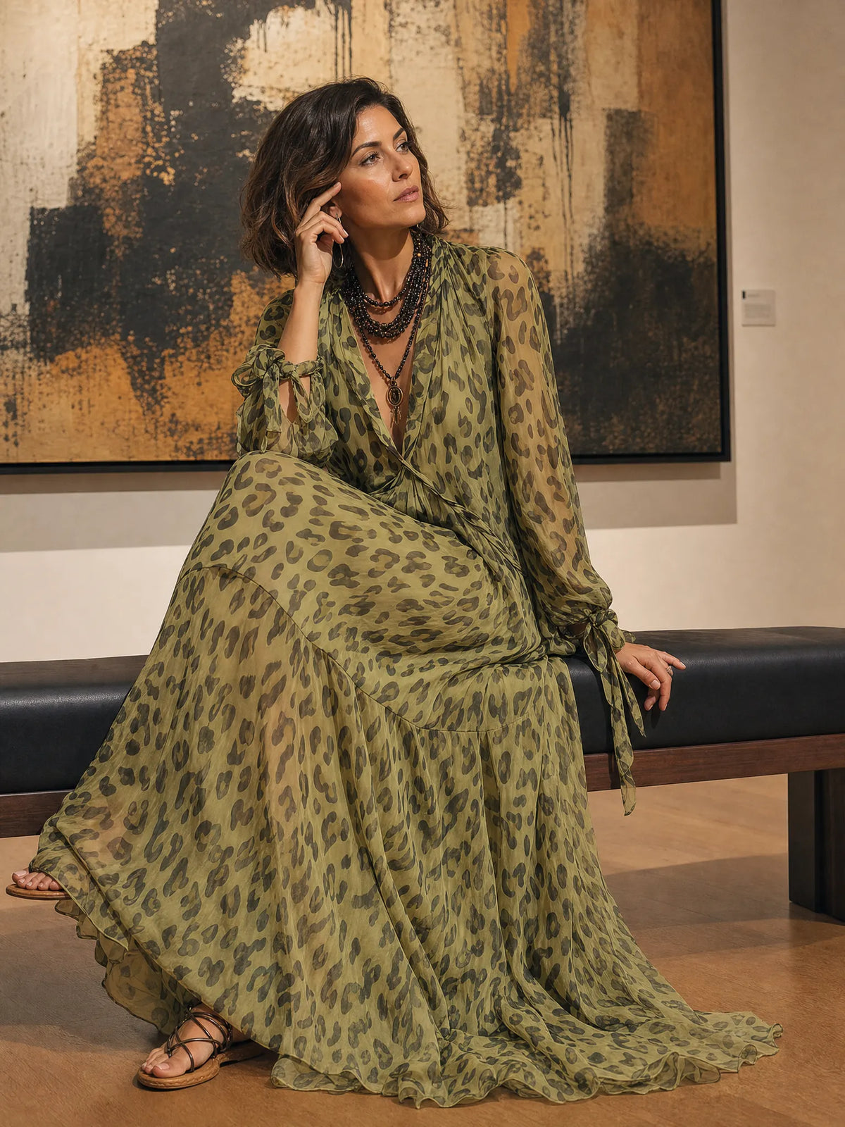 Olive Green Leopard Print Chiffon Long-sleeved Bohemian Dress