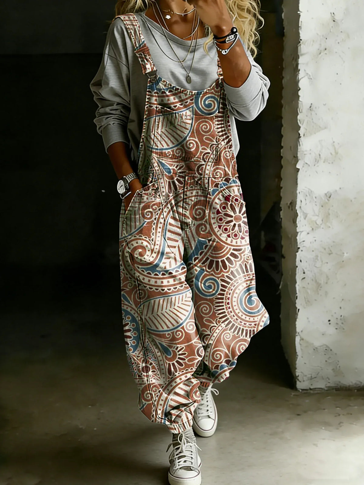 Women’s Vintage Abstract Ethnic Art Print Casual One Piece Denim Jumpsuit