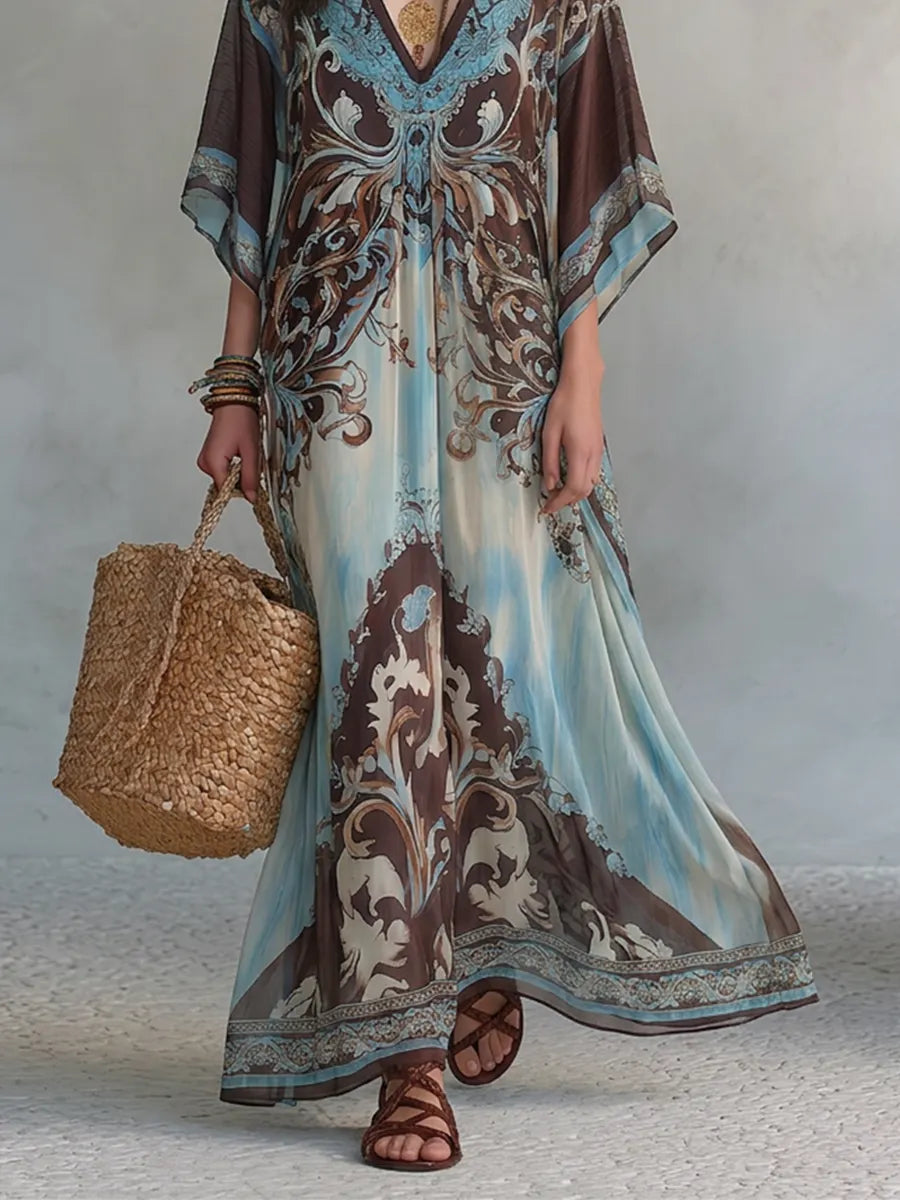 Boho Paisley Batwing Sleeve Beach Cover-Up Maxi Dress