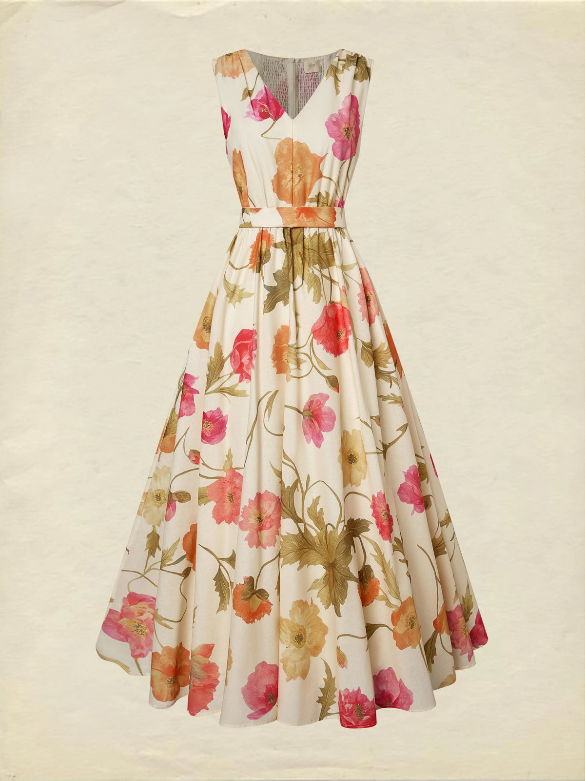 Maxi Cotton Dress, Sleeveless, V Neck, Floral, Belt Design, Vacation, Vintage, Apricot