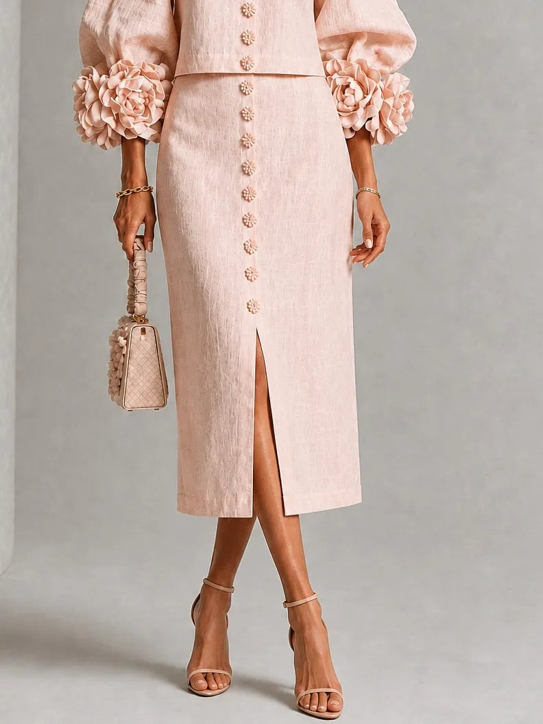 Pink Floral Button-front Top And Skirt Set Featuring Striking Floral Cuffs