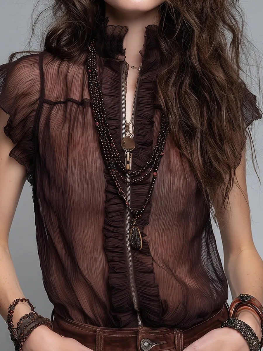 Retro Stand-Collar Front-Zip Crinkled Chiffon Blouse