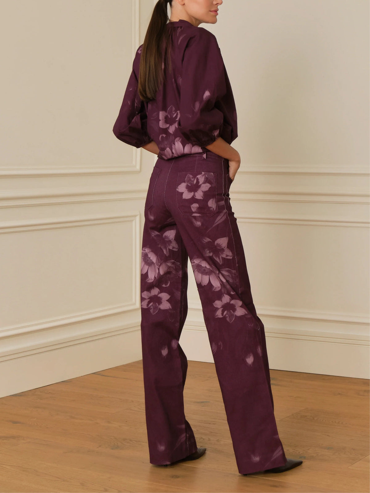 High-neck bow-print shirt and trousers set