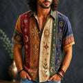 Men's Vintage Flowers Sun Moon Striped Art Patchwork Print Shirt