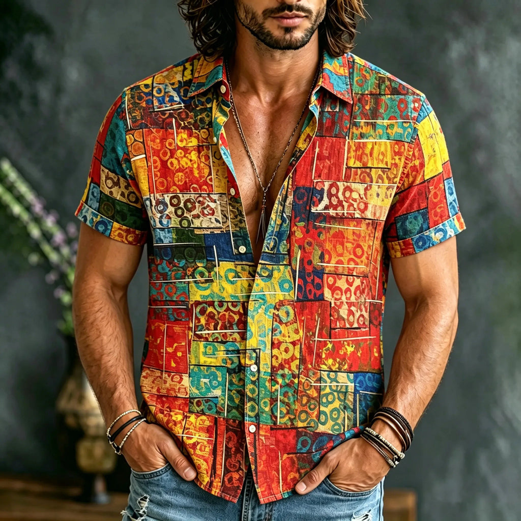 Men's Retro Color Block Ethnic Print Cotton Linen Shirt