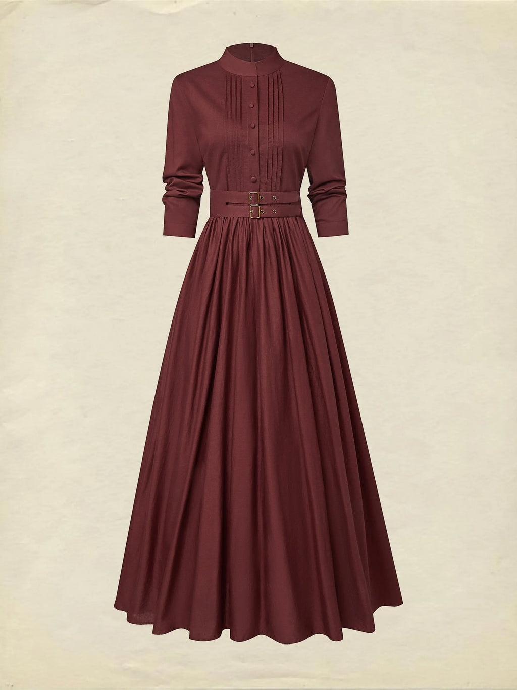 Maxi Linen Dress, Long Sleeves, Stand Collar, Plain, Button Design, Vintage, Red