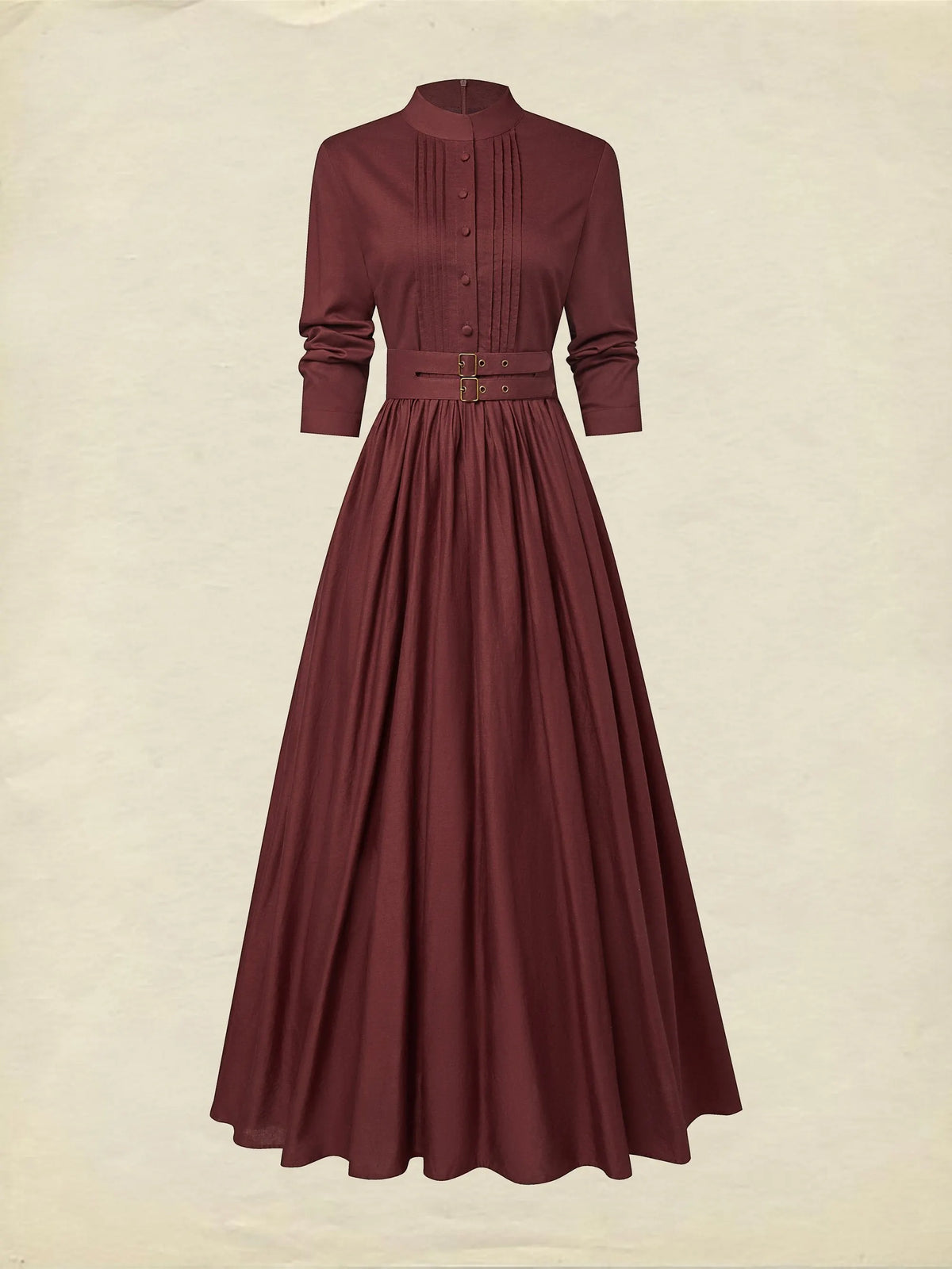 Maxi Linen Dress, Long Sleeves, Stand Collar, Plain, Button Design, Vintage, Red