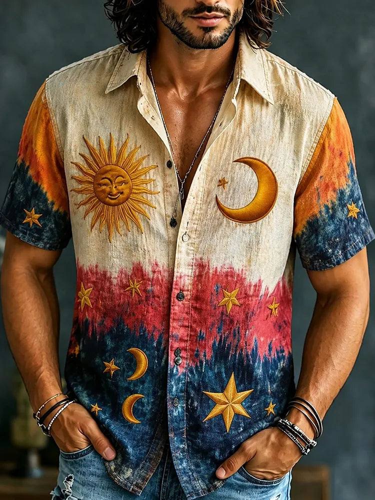 Men's Retro Hippie Gradient Pattern Print Short-sleeve Shirt