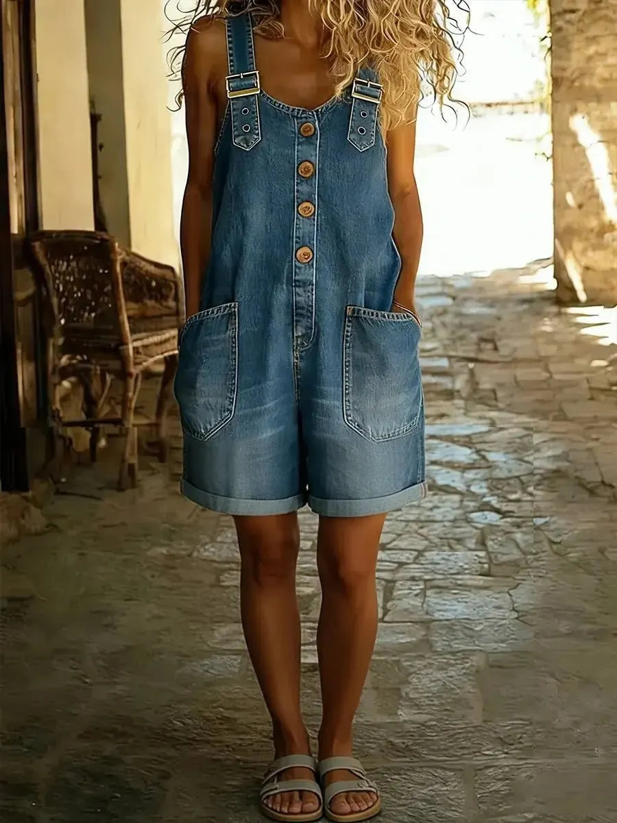 Women's Y2K Denim Shortalls Button Front Wide Leg Loose Bib Jean Overalls Shorts Romper Jumpsuits Vintage