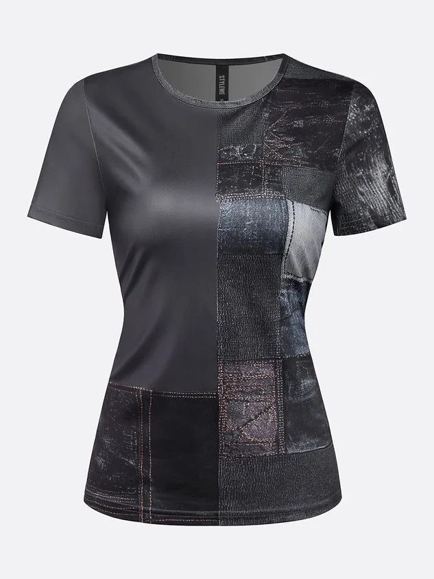 Casual Faux Denim Print Graphic  Crew Neck  T-shirt