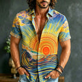 Men's Retro Hippie Style Sun And Wave Embroidered Print Short-sleeve Shirt