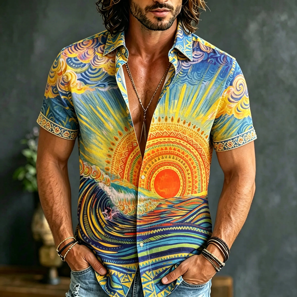 Men's Retro Hippie Style Sun And Wave Embroidered Print Short-sleeve Shirt