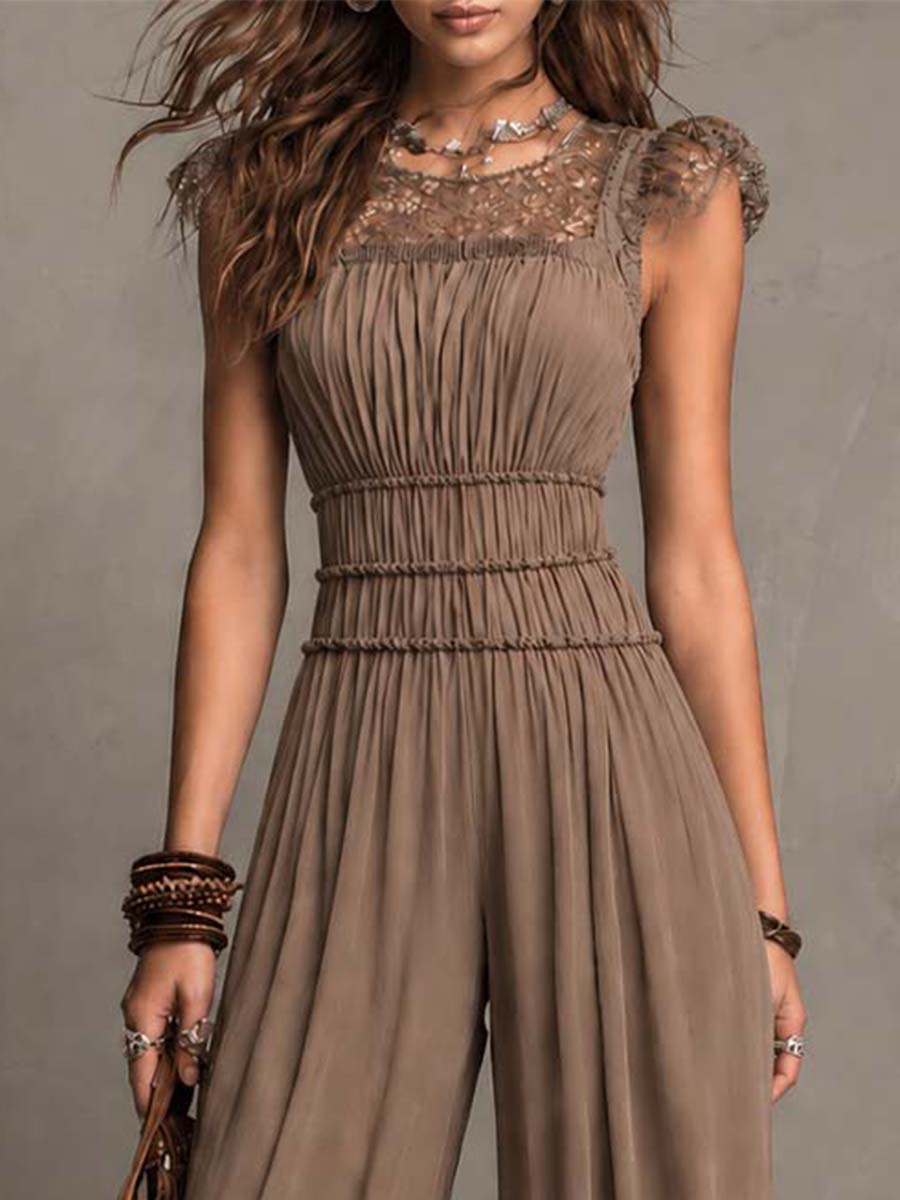 Mocha Brown Chiffon & Lace Flutter Sleeve Wide-Leg Jumpsuit
