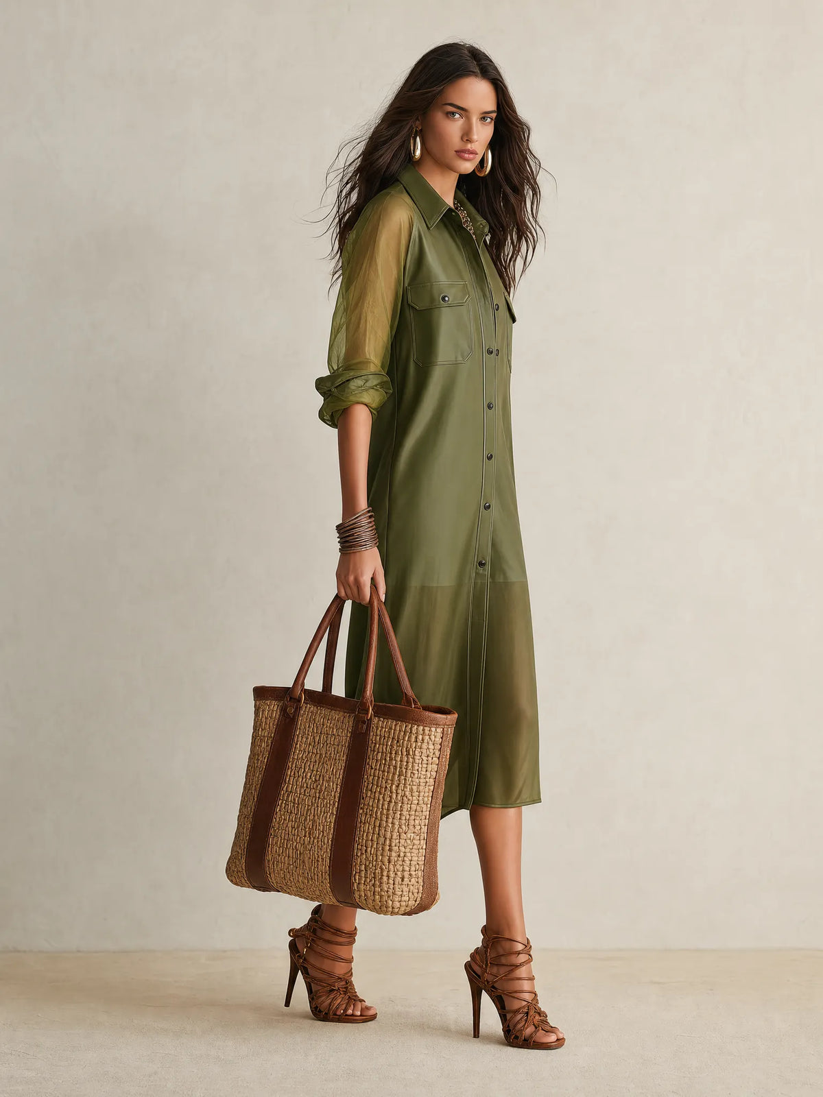 Sheer Olive Long-Sleeve Button-Front Shirt Midi Dress