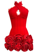 Halter Lace Insert Floral Dress Red