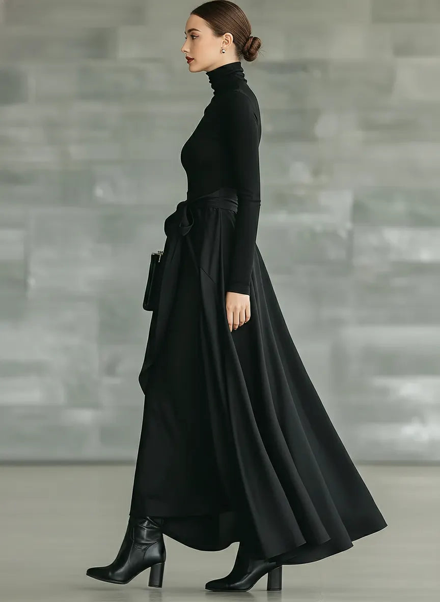 Women's Black High-Neck High-Stretch Knitted And Satin Flared Maxi Dress MDA2851J4T