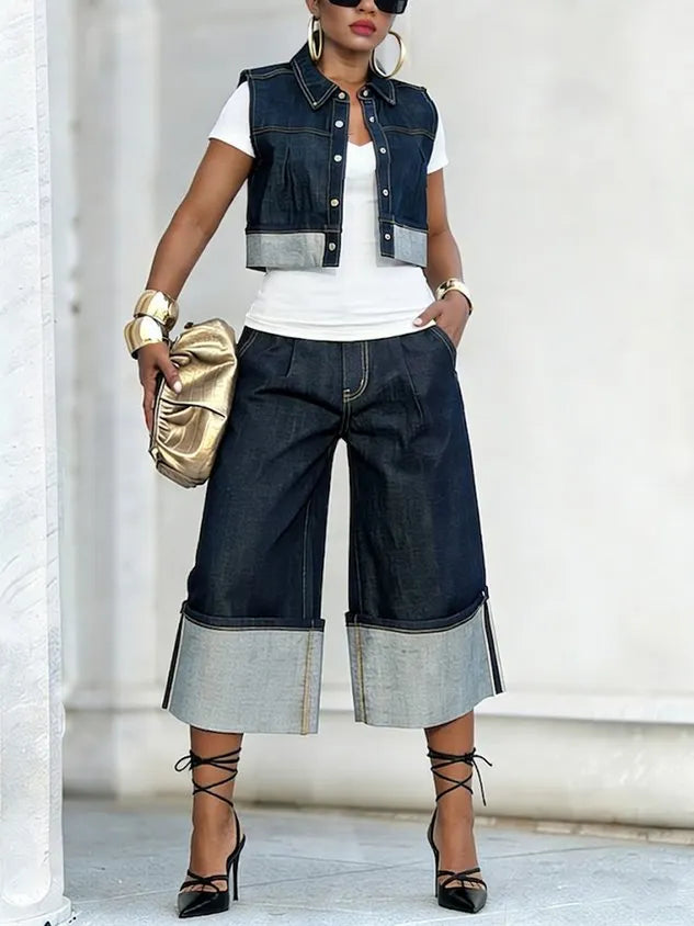 Casual Plain Shawl Collar Soft Tencel Denim Vest