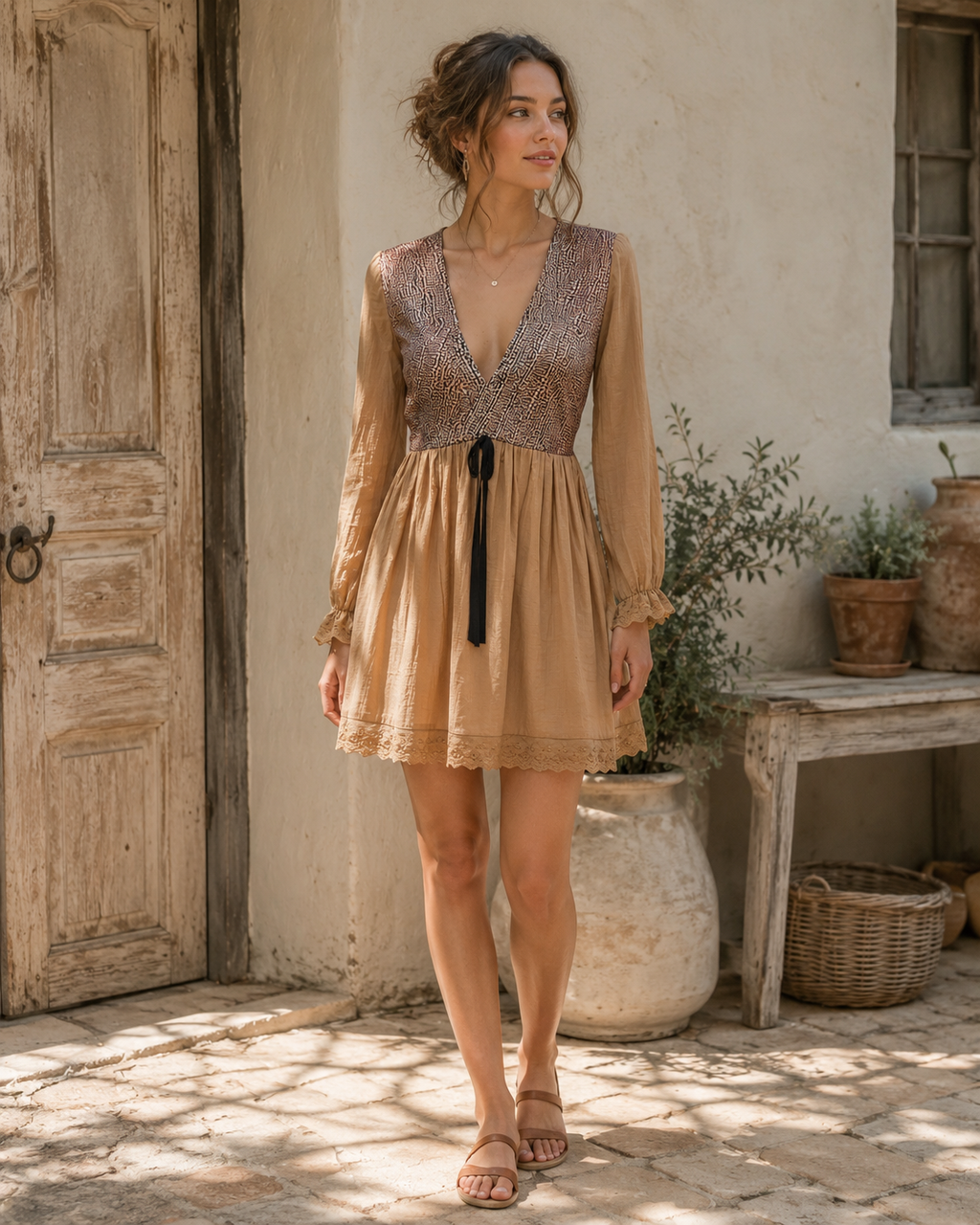 Western Boho V-Neck High-Low Mini Dress with Lace Trim