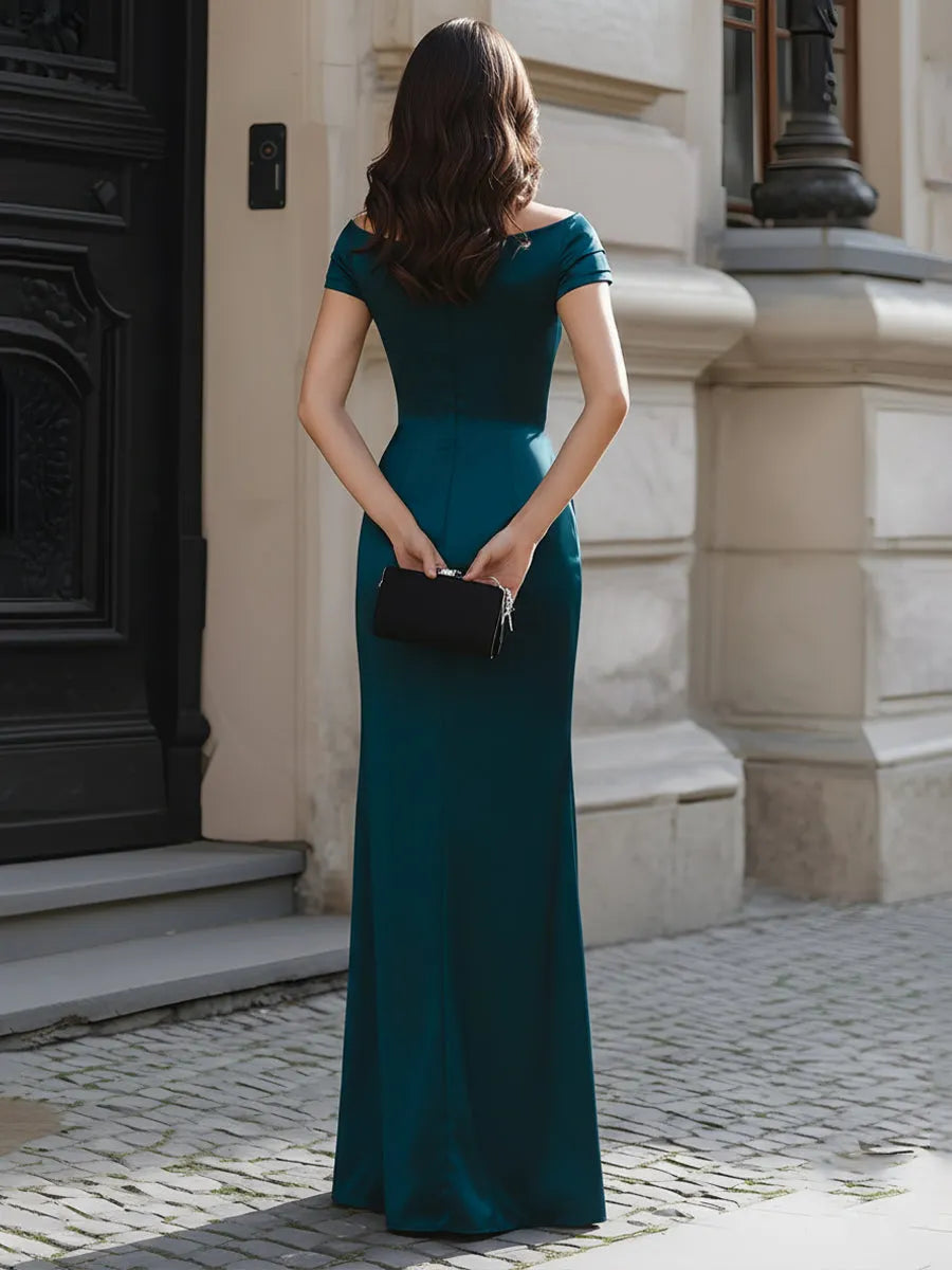 Strapless Ruched High-Slit Evening Gown