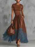 24-Hour-Shipping Brown Short Sleeve Shirt And Blue Lace-Trim Tulle Maxi Skirt Set