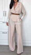 Beige Wrap Blazer Top & Wide Leg Pants Co-Ord Set