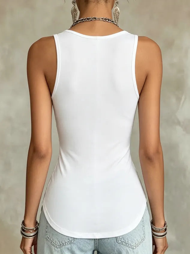 Casual Plain Zipper Crew Neck Tank Top