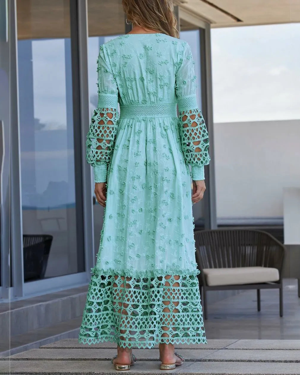 Long-Sleeve Illusion Lace A-Line Maxi Dress