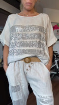 Women's Sequin-Striped Linen Top + Sequin-Patch Casual Pants Set