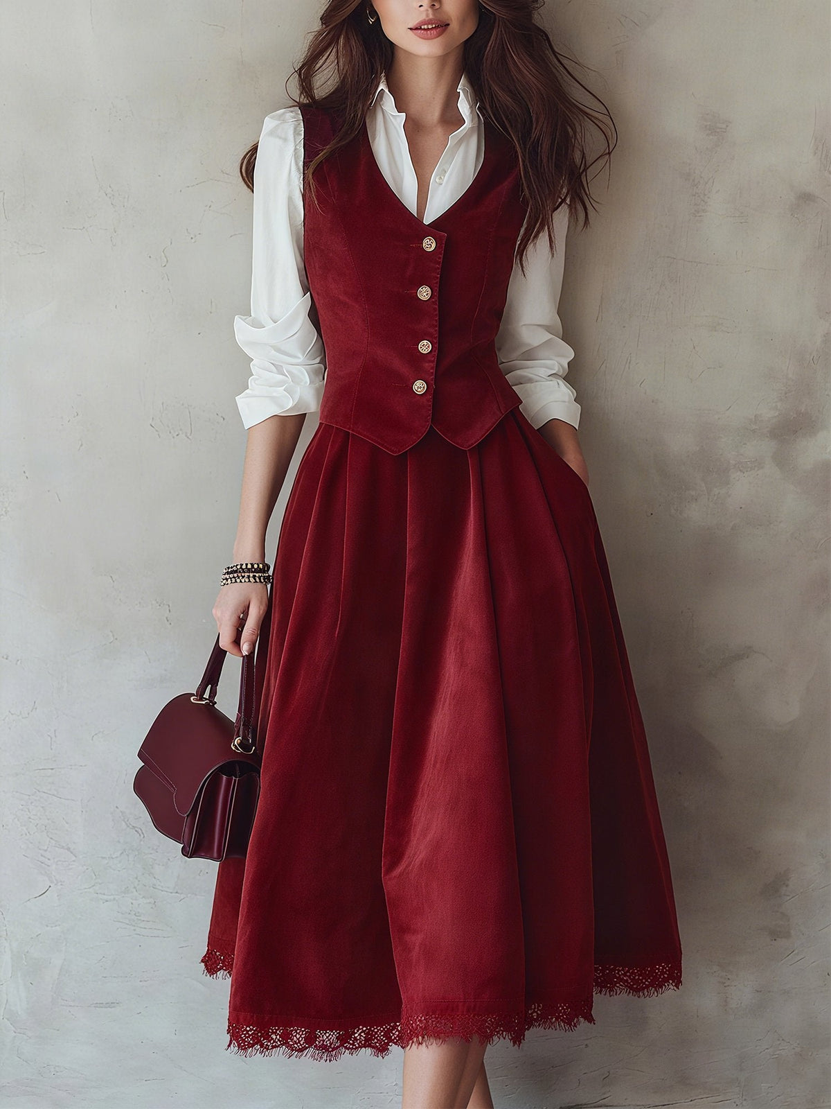 Cotton Vest (Shirt and Skirt Not Included), Sleeveless, V Neck, Plain, Button Design, Vintage, Wine Red