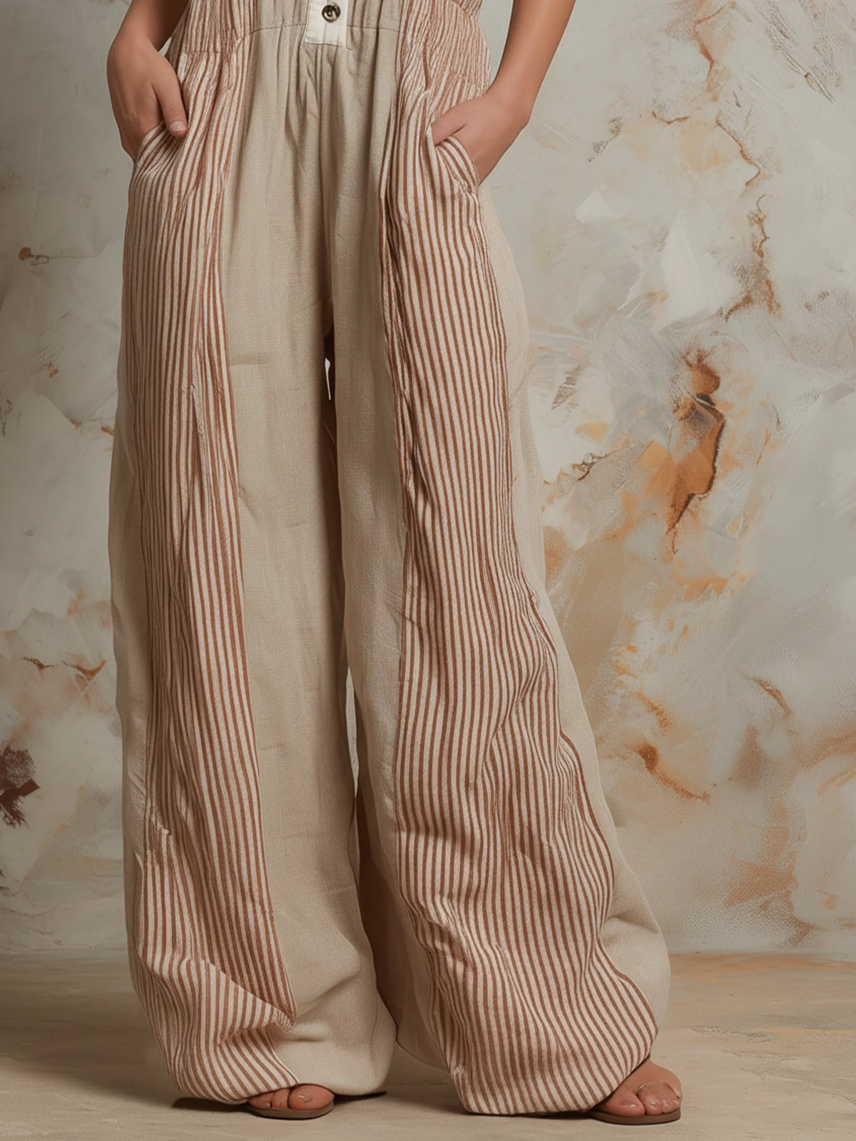 Striped Linen-Cotton Halter Wide-Leg Jumpsuit