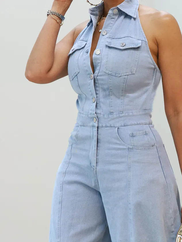 Plain Casual Denim Jumpsuit