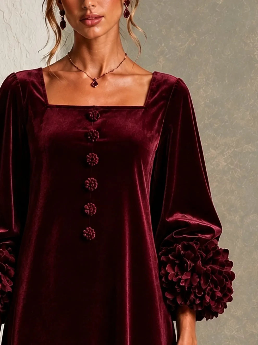 Burgundy Velvet Button-front Mini Dress Featuring Striking Floral Cuffs