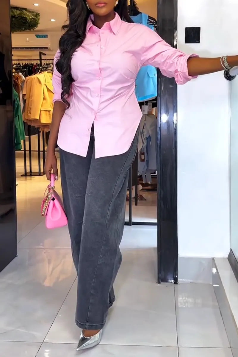 Women Collared Pleated Shirt or Wide Leg Jeans