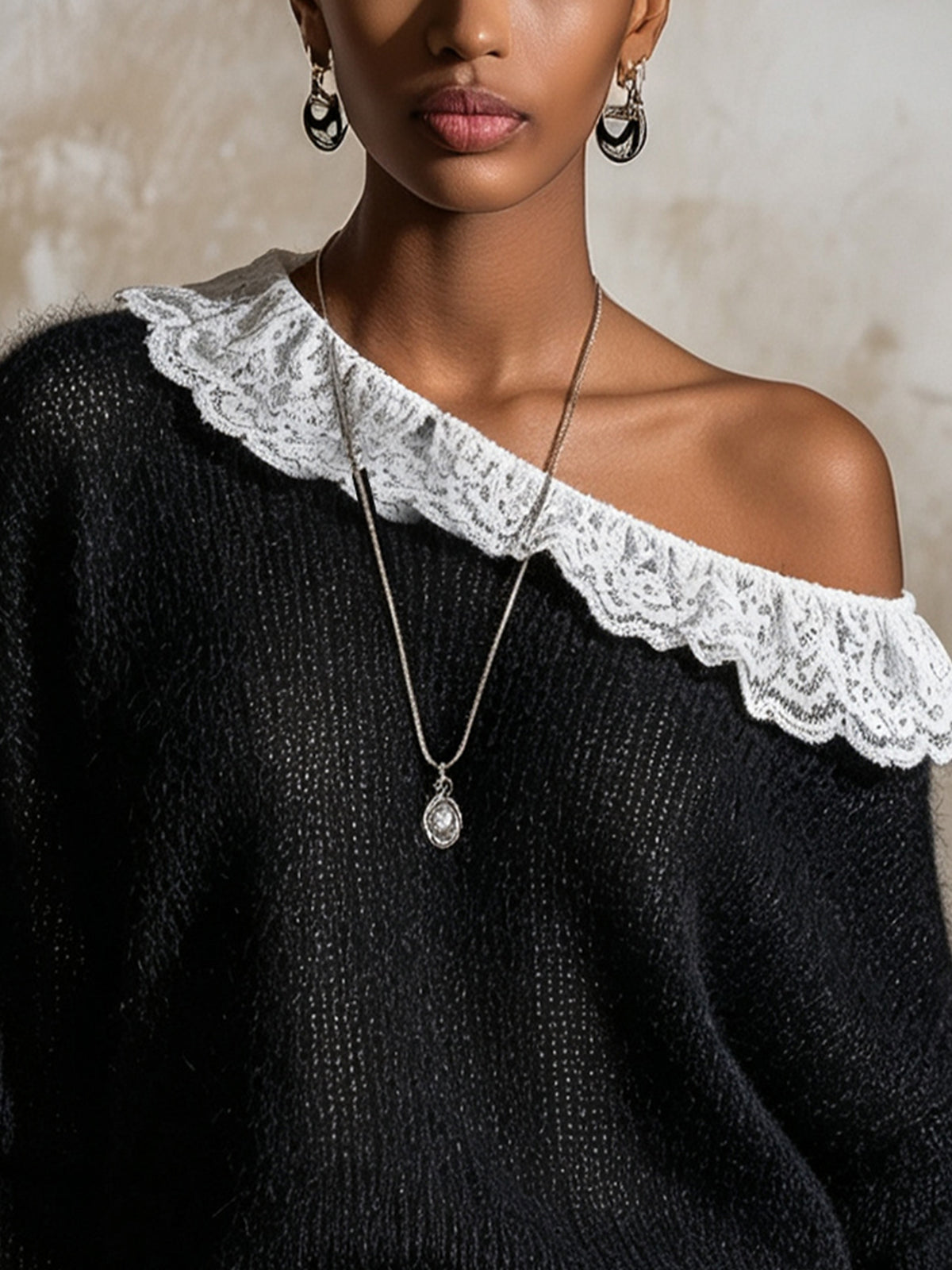Black Mohair Off-The-Shoulder Sweater With White Lace Trim
