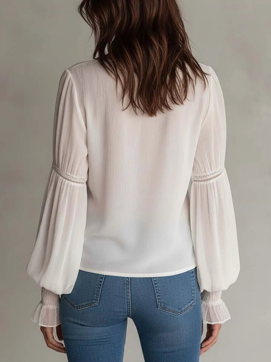 Retro Pleated-Chest Lace Trim Chiffon Blouse