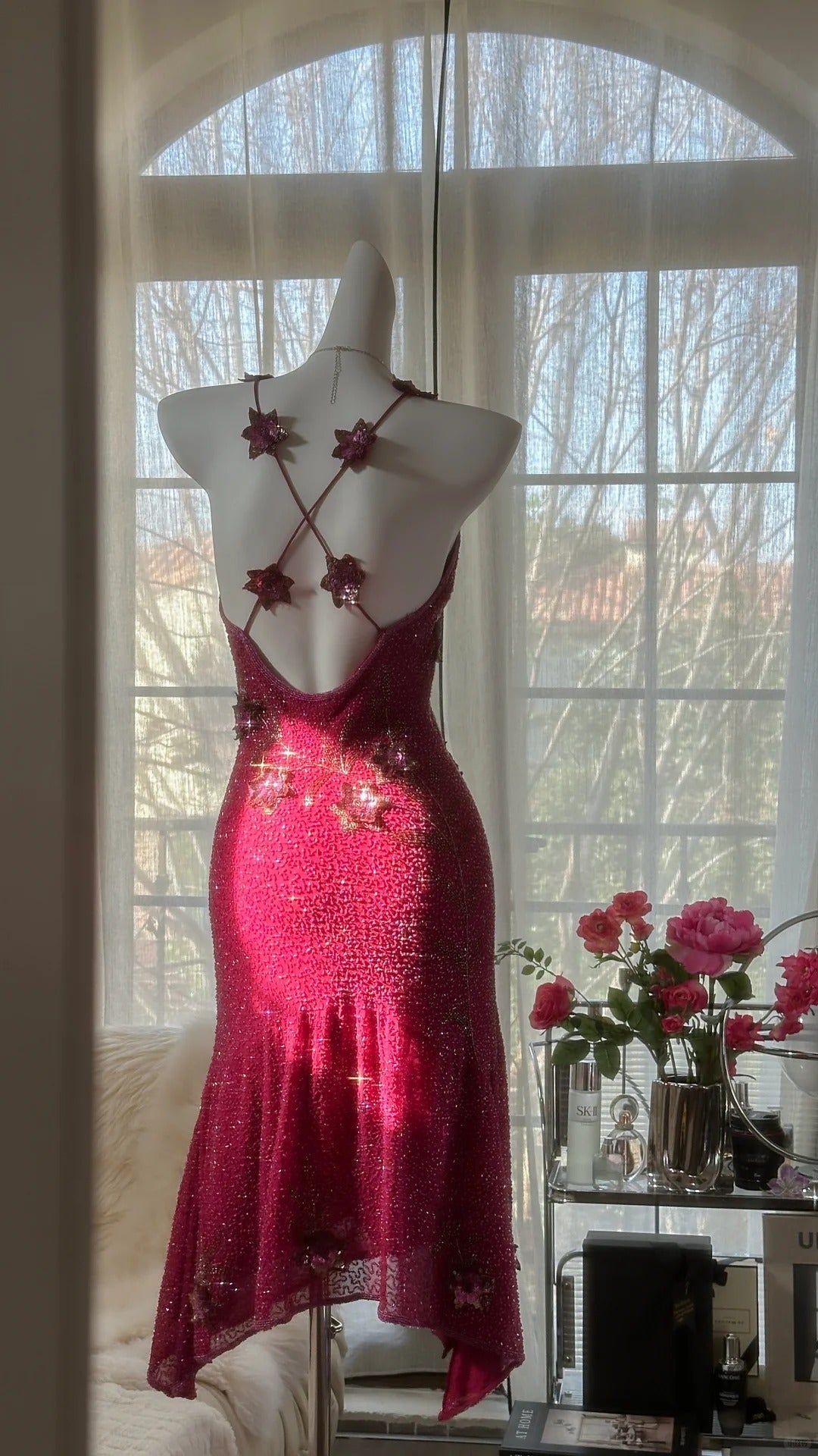 Pink Gorgeous Elegant Romantic Exquisite Beaded Sequin Midi/Short Chiffon Ball Gown Evening Dress Birthday/Wedding Guest Party Dress Prom Dress 4019