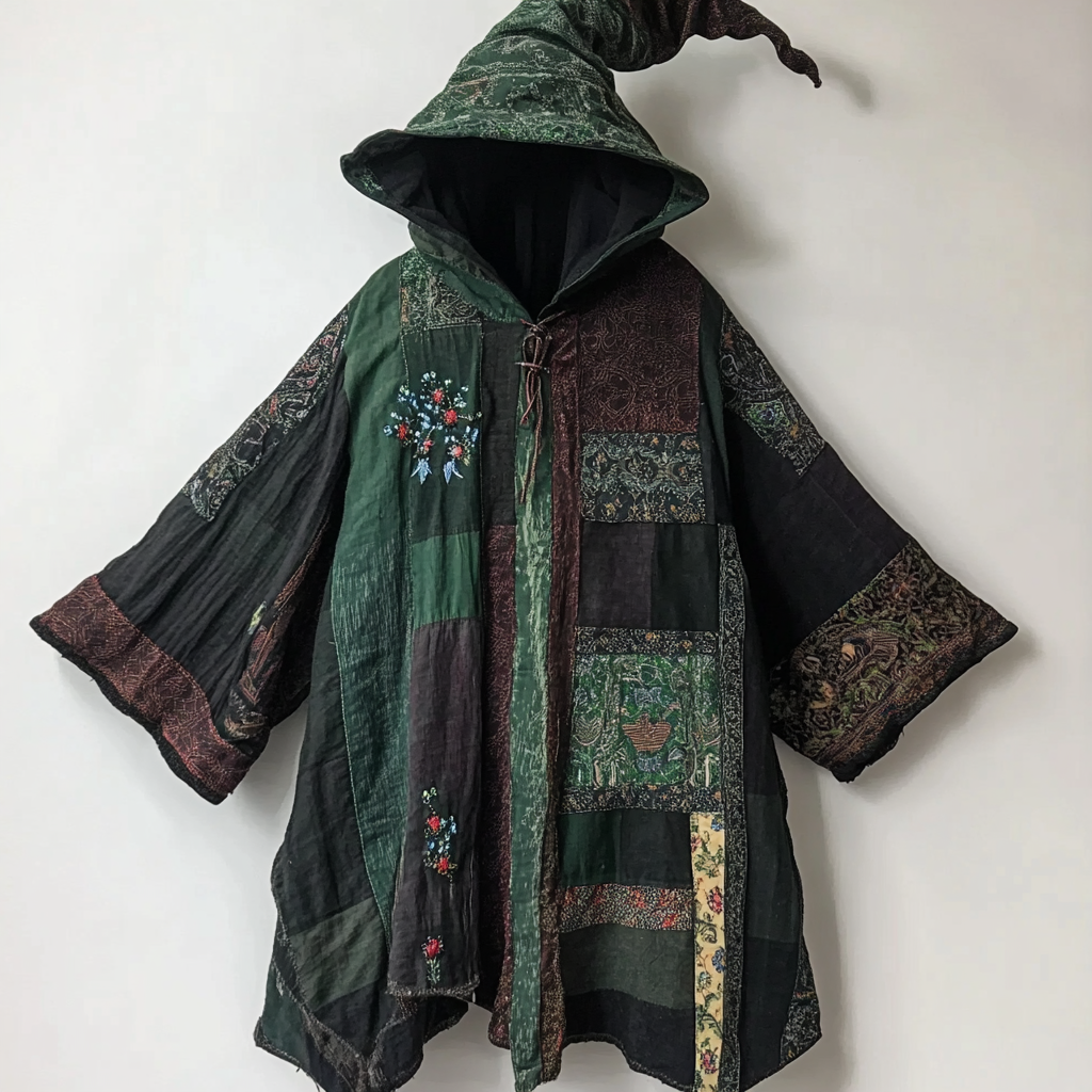 wizardEthnic print hooded disk-button robe 2cc8