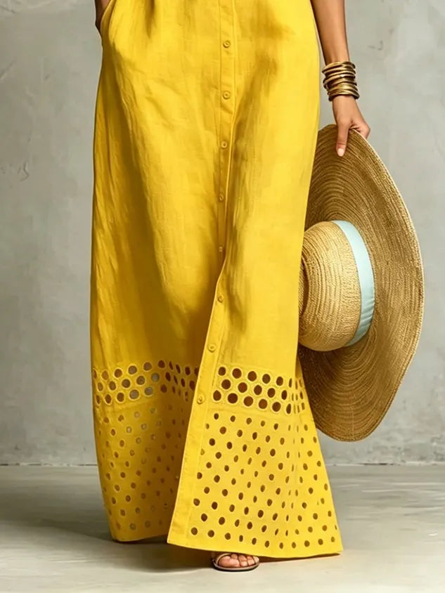 Cotton And Linen Casual Plain Hollow Out Shirt Collar Maxi Dress