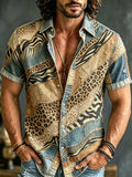 Men's Retro Washed Leopard Print Patchwork Shirt