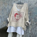 Women's Geometric Heart Embroidery Linen Blend Shirt