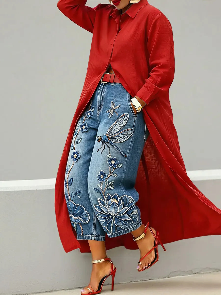 Women's Abstract Art Print Casual Loose Wide-leg Denim Pants