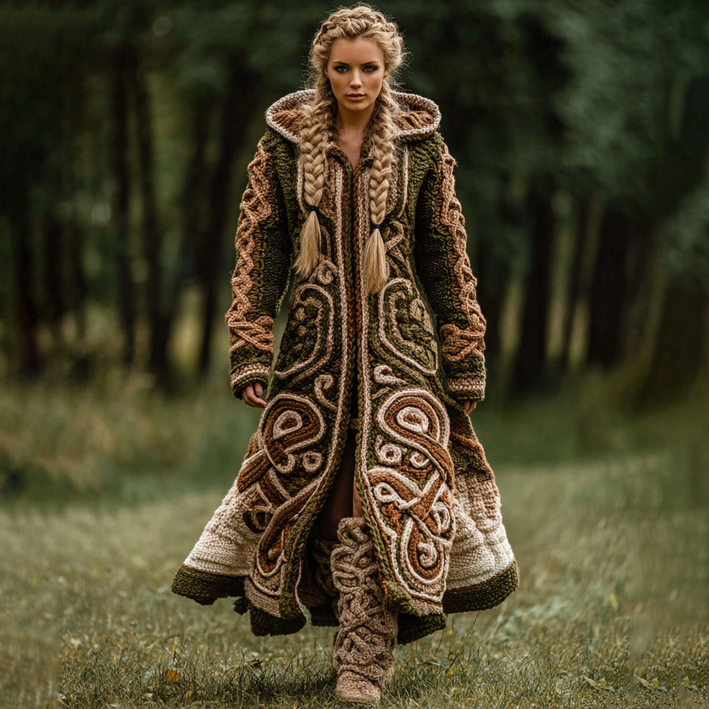 Vintage Viking Celtic Knot Rune Contrast Knit Hooded Coat