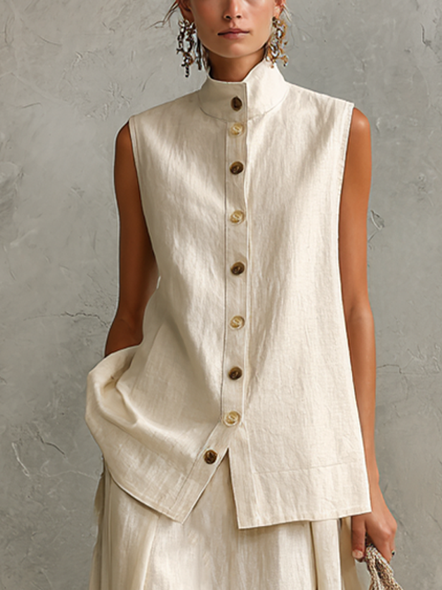 Women's Relaxed Off-White Linen-Cotton Two-Tone Button Stand Collar Sleeveless Vest And Maxi Skirt Two-Piece Set MDZ2485D5GMJ