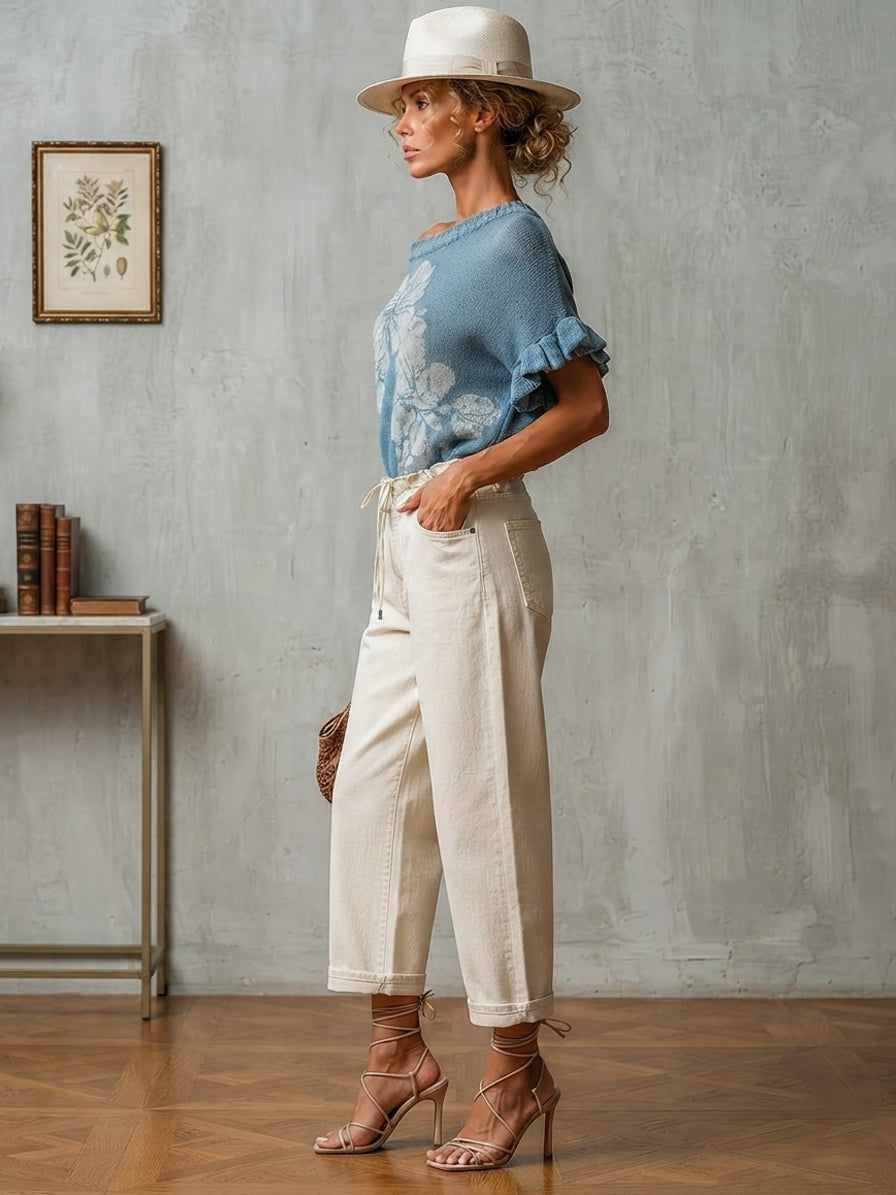 Blue Asymmetric Off Shoulder Floral Sweater